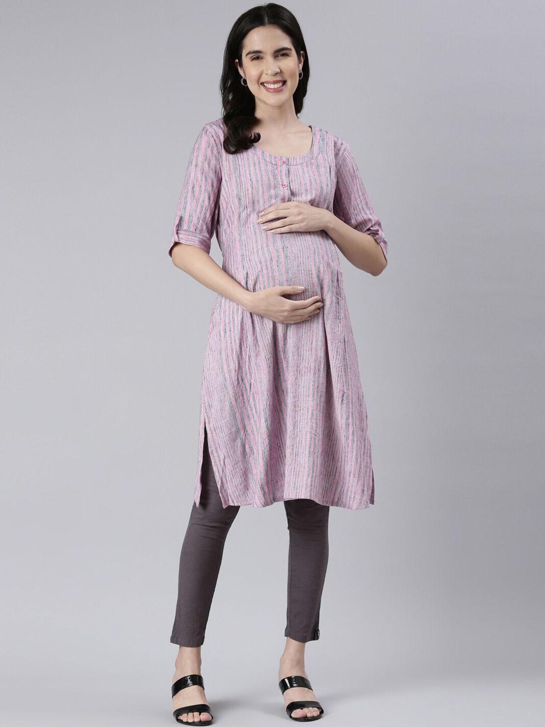 goldstroms striped round neck roll-up sleeves a-line maternity kurta