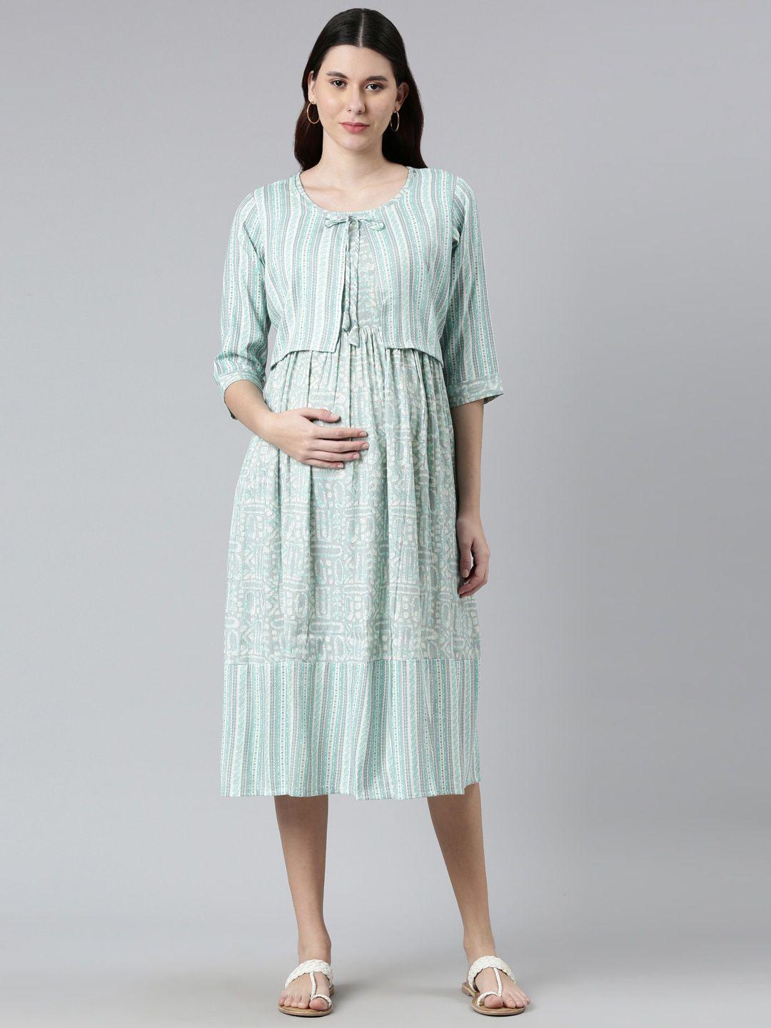 goldstroms tie-up neck ethnic printed maternity a-line midi dress