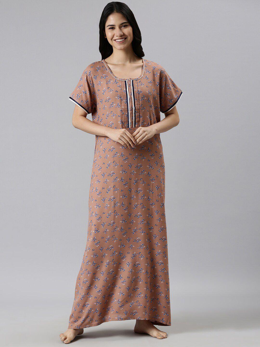 goldstroms women beige printed maxi nightdress