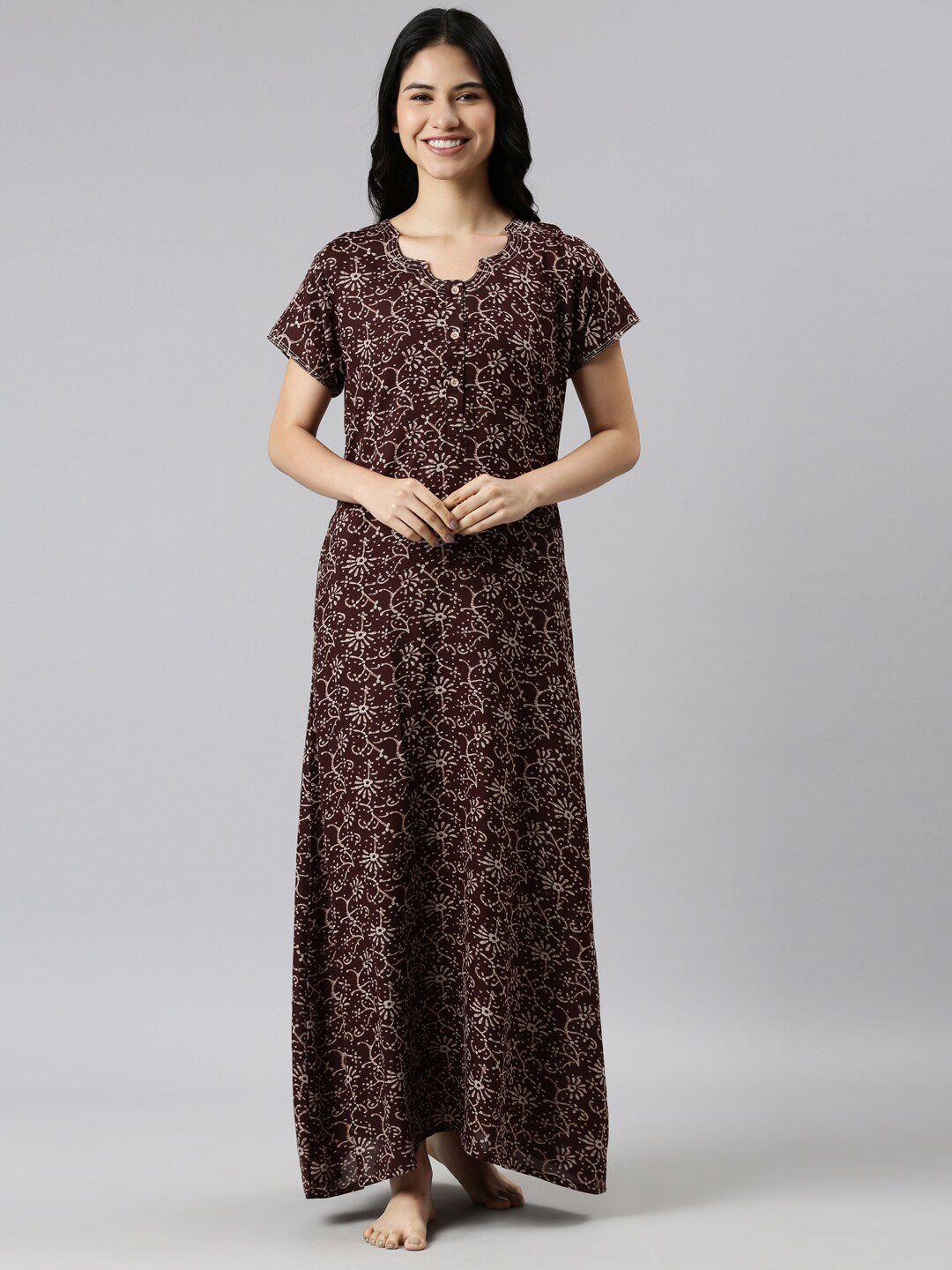 goldstroms women coffee brown printed maxi nightdress