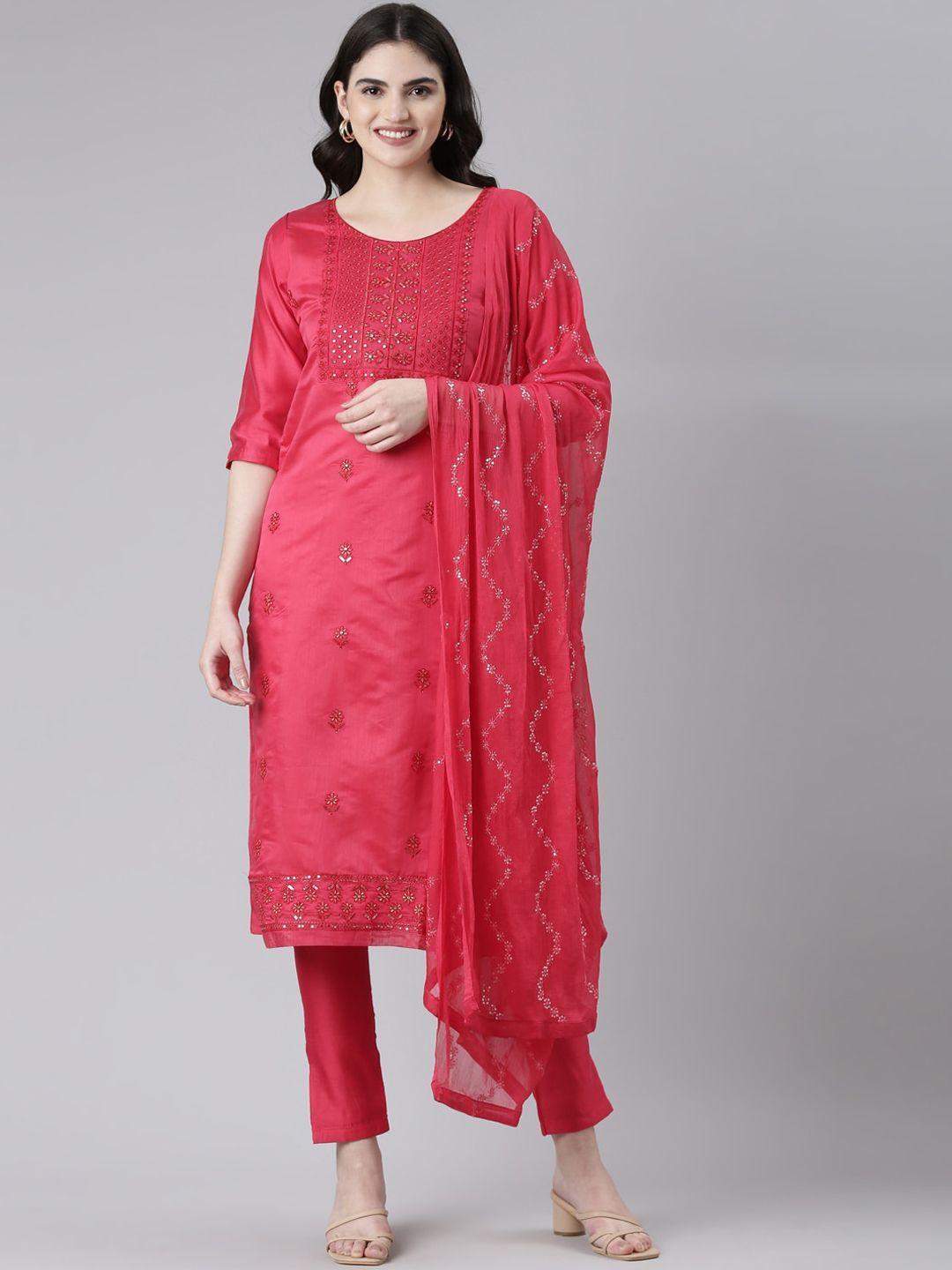 goldstroms women floral embroidered chanderi silk kurta with trousers & dupatta