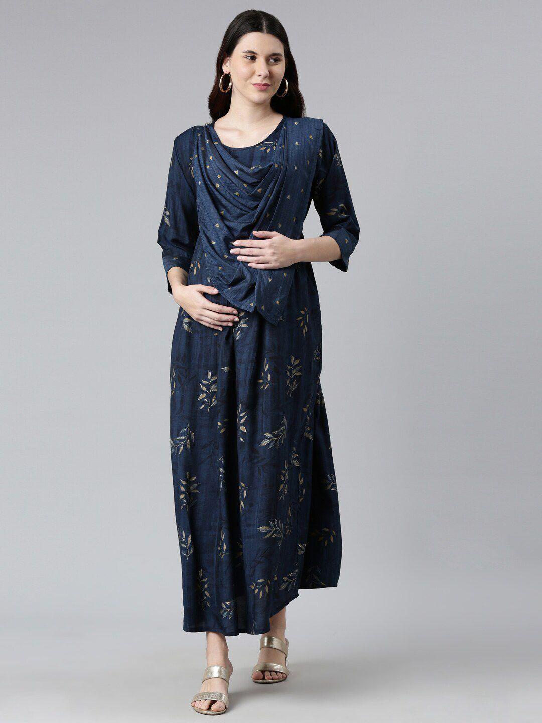 goldstroms women navy blue floral printed maternity kurta