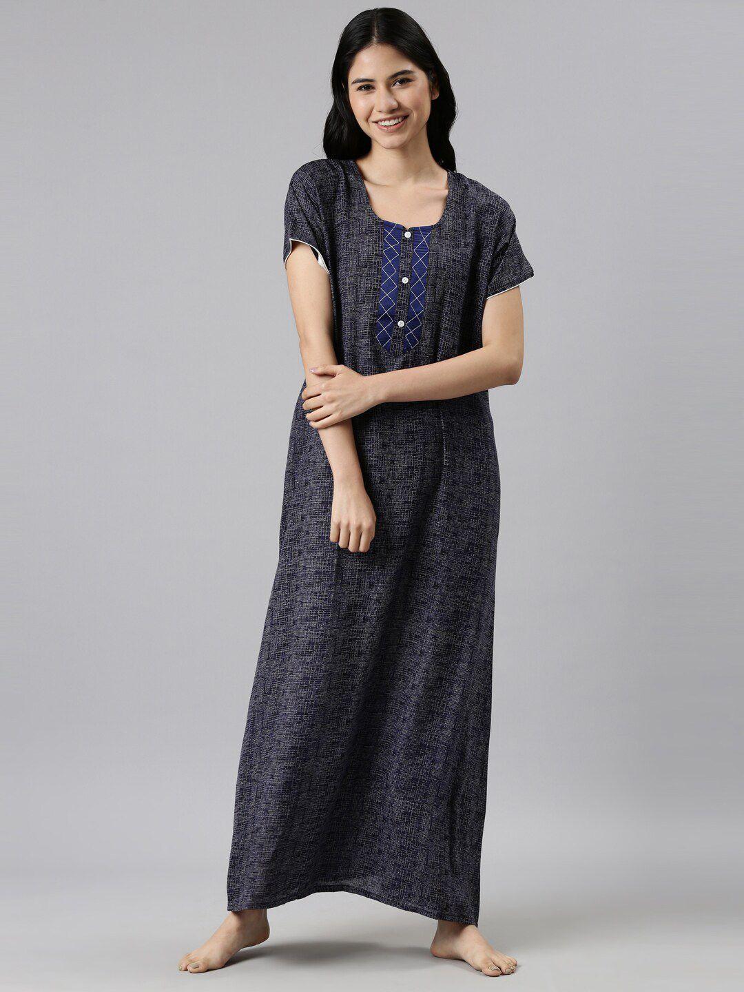 goldstroms women navy blue printed maxi nightdress