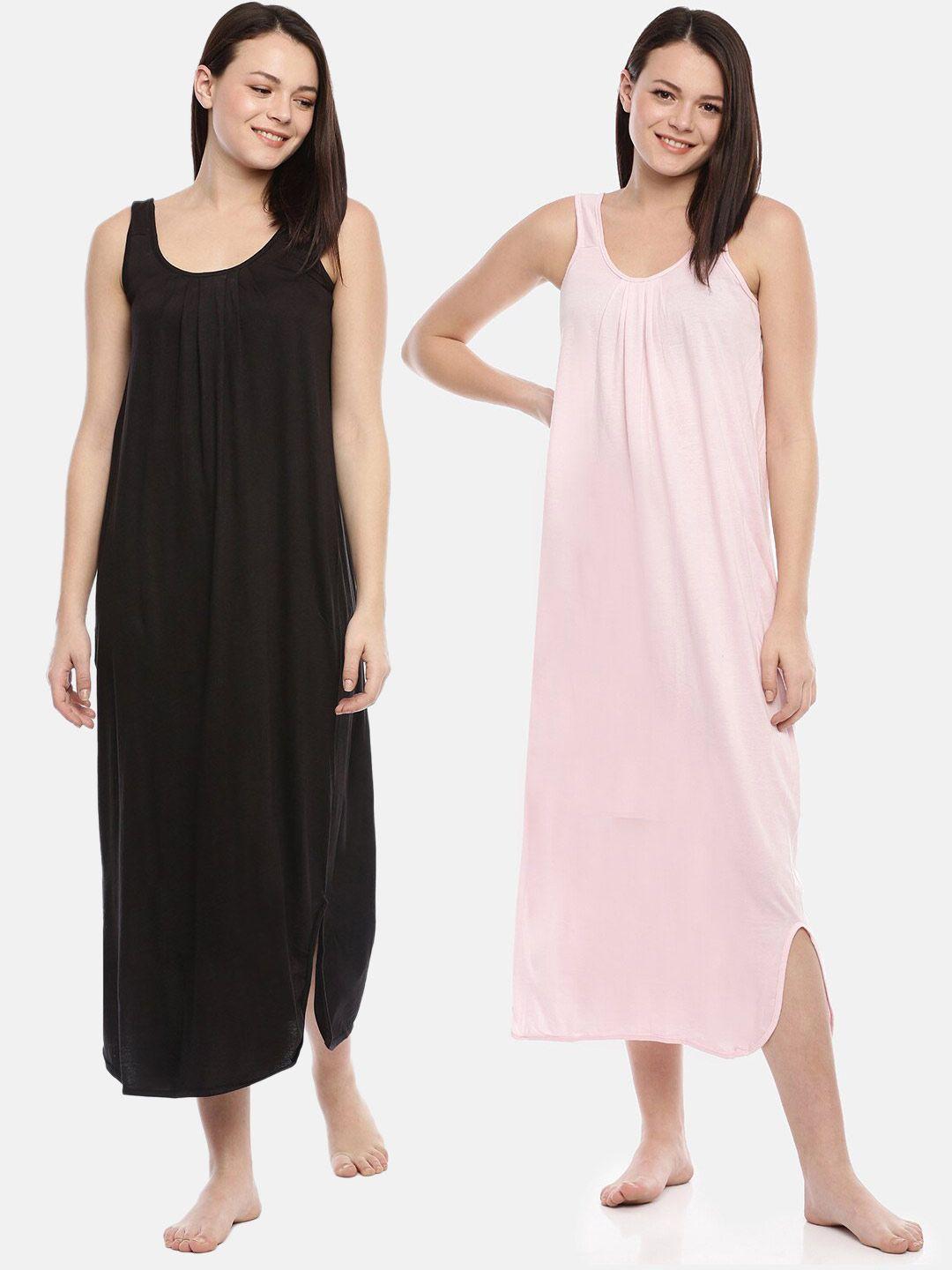 goldstroms women pack of 2 black & pink sleeveless midi nightdress