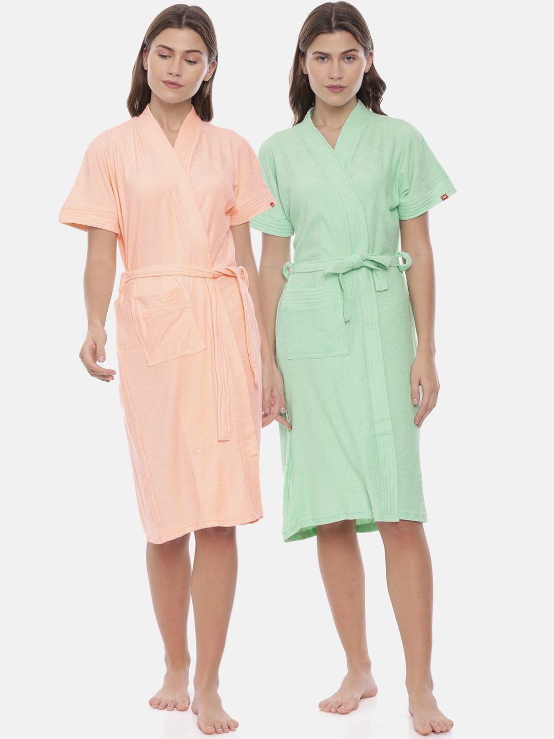 goldstroms women pack of 2 peach-coloured & green solid cotton bath robes