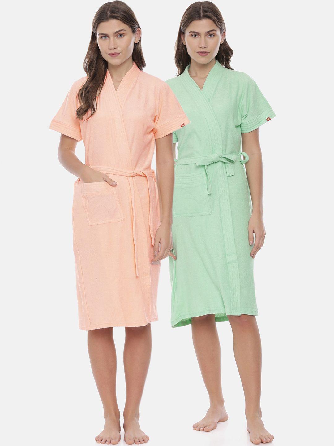 goldstroms women pack of 2 peach-coloured & green solid cotton bath robes