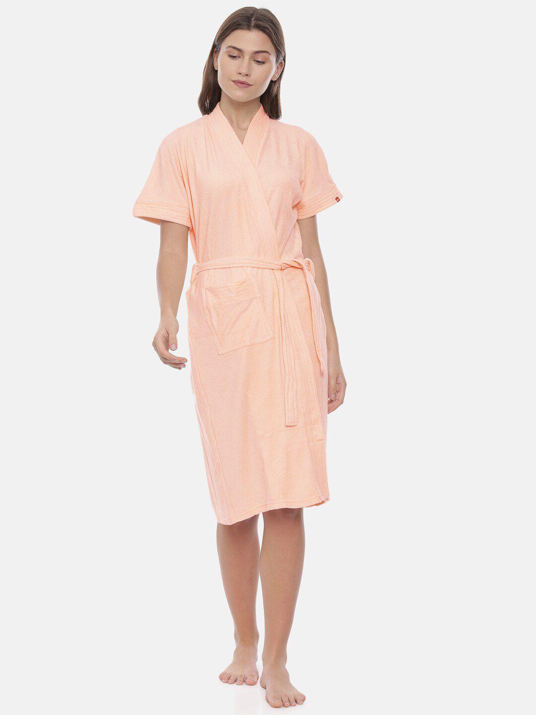 goldstroms women peach-coloured solid cotton bath robe
