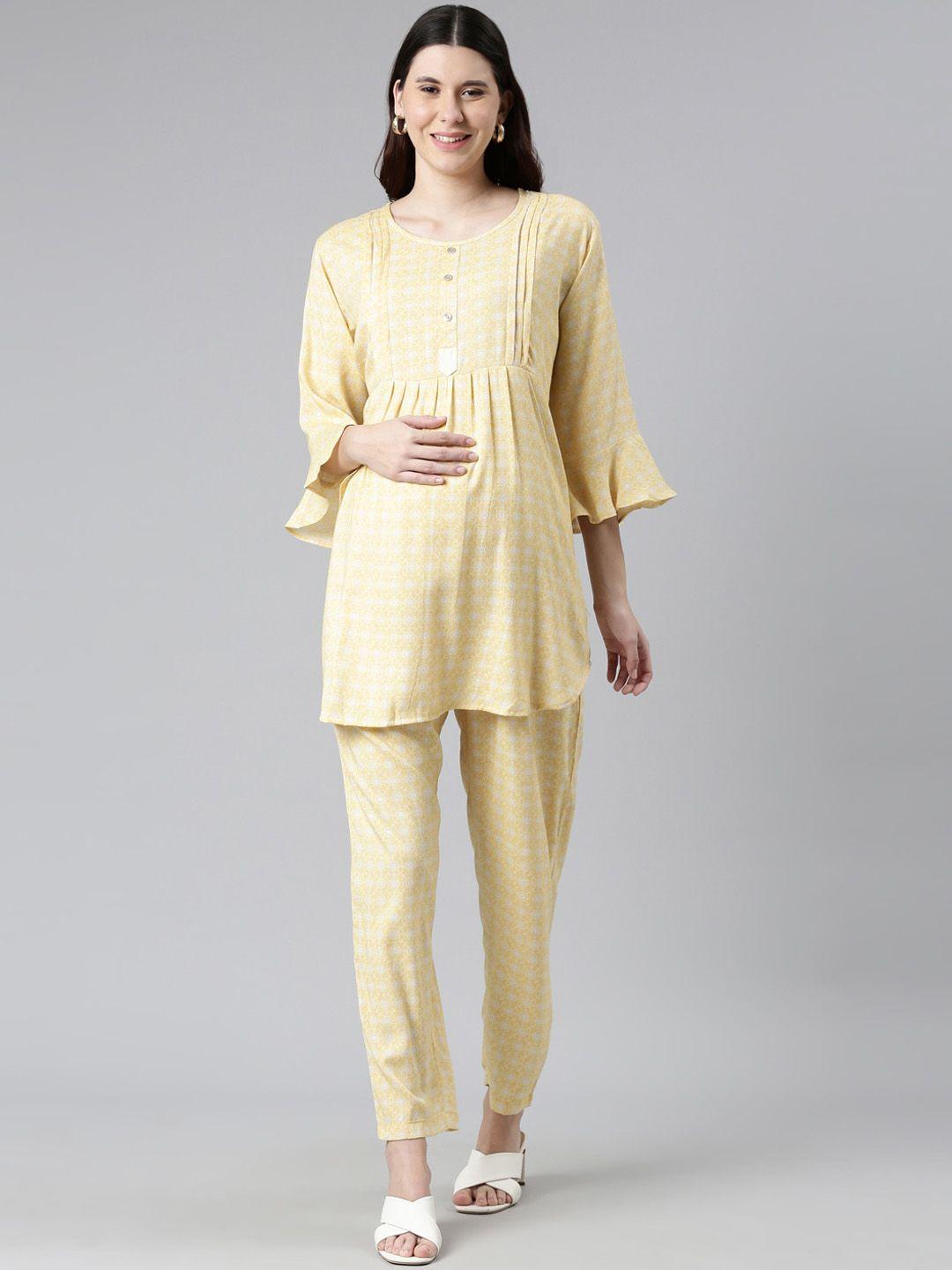 goldstroms women yellow & white printed night suit