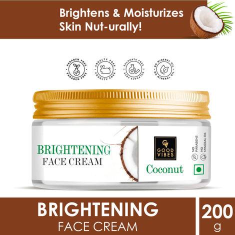 good vibes coconut brightening face cream | moisturizing, fights skin damage | no parabens, no sulphates, no mineral oil | no animal testing (200 g)