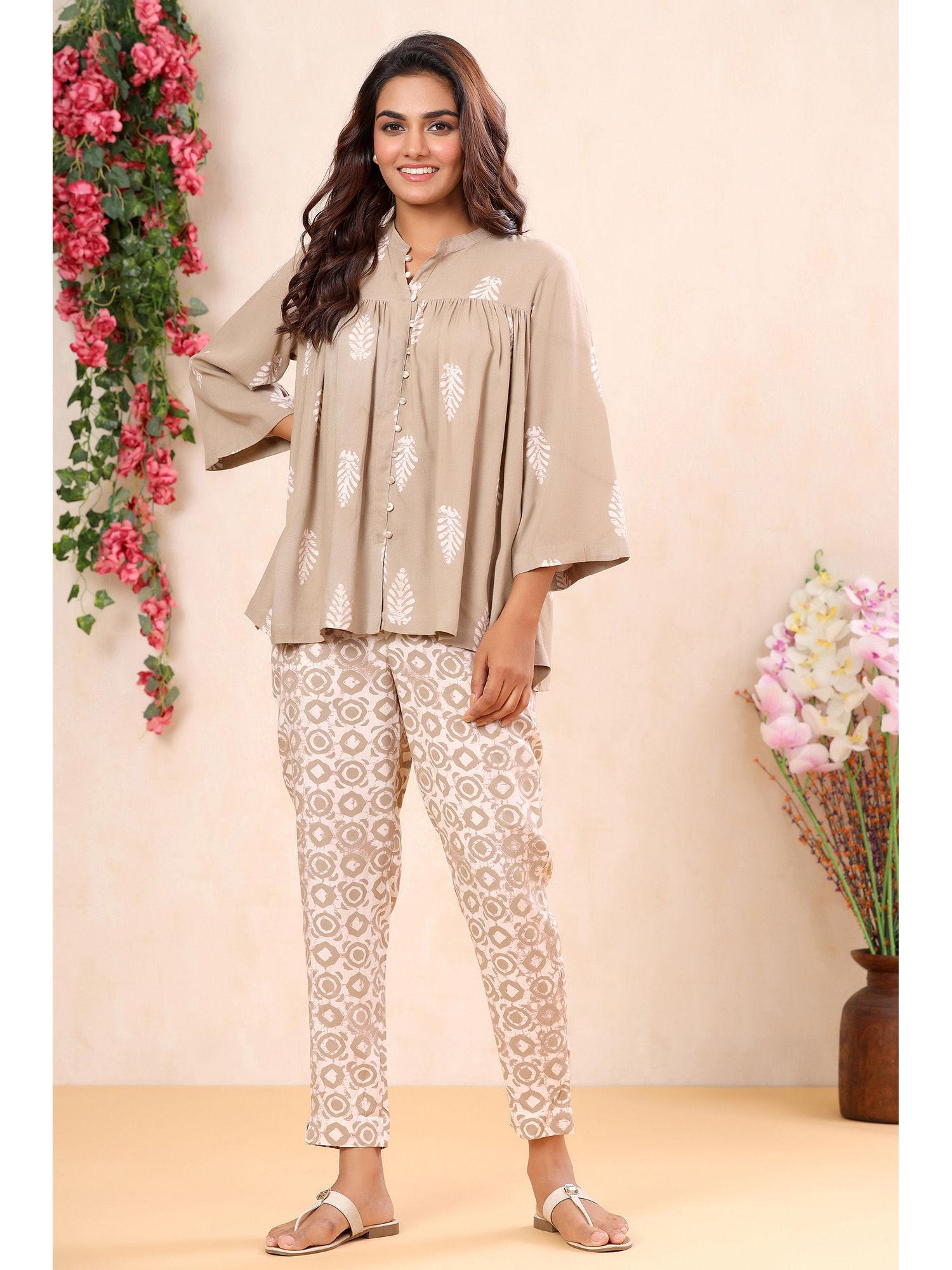 gorgeous beige printed peplum with pants (set of 2)