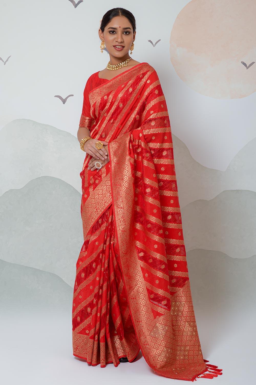 gorgeous hot red organza silk saree with blouse