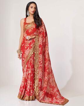 gorgeous red floral print organza wedding wear saree with blouse printed saree