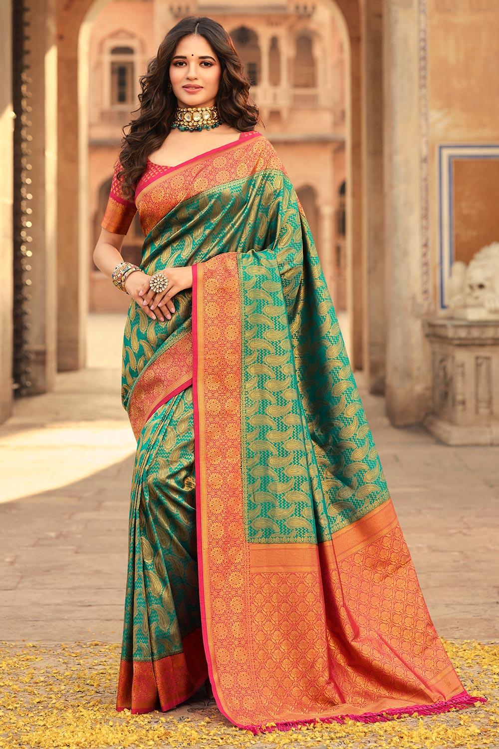 gorgeous teal blue kanjivaram silk saree with blouse