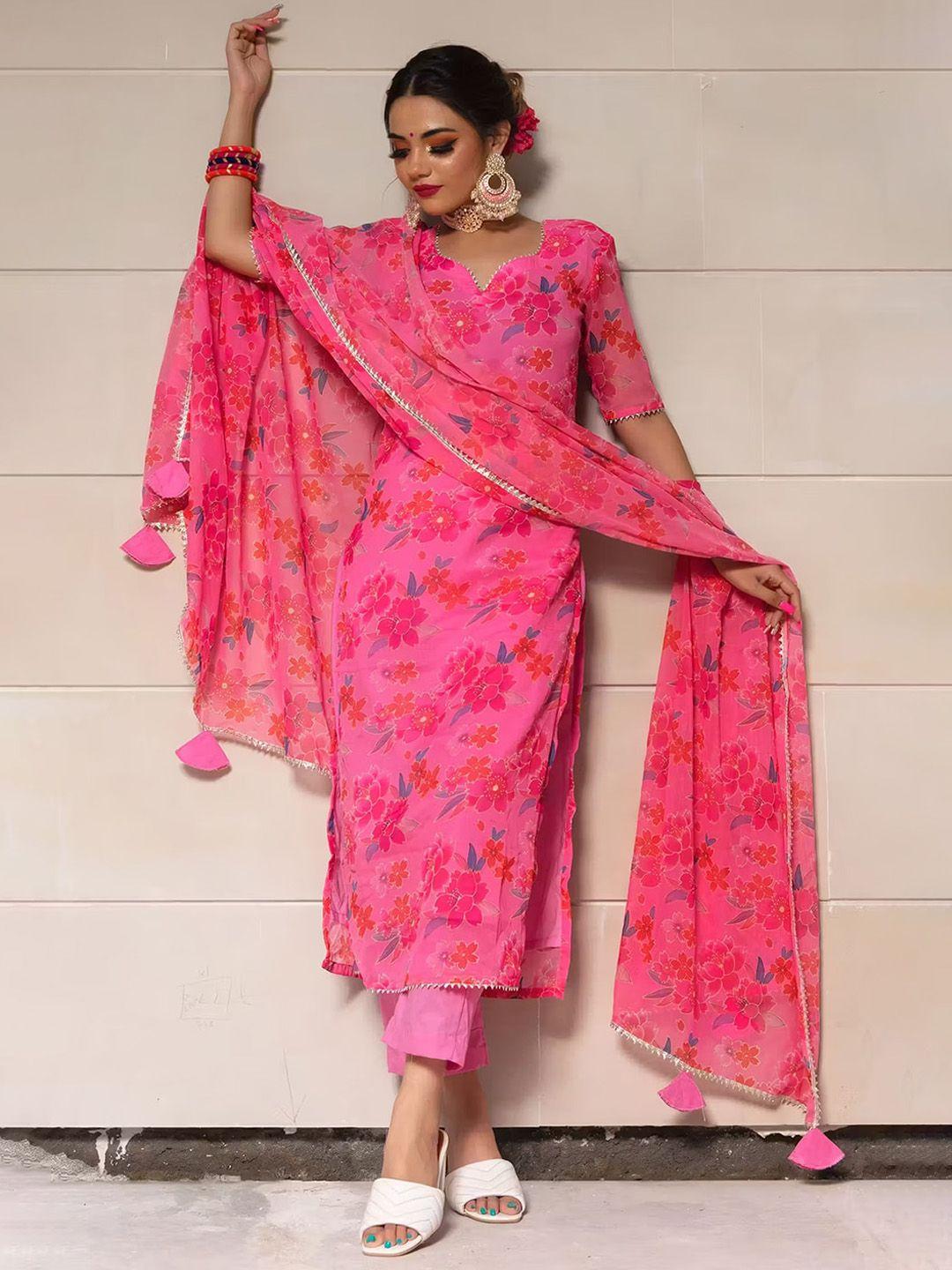 gorgone floral printed gotta patti straight kurta with trousers & dupatta