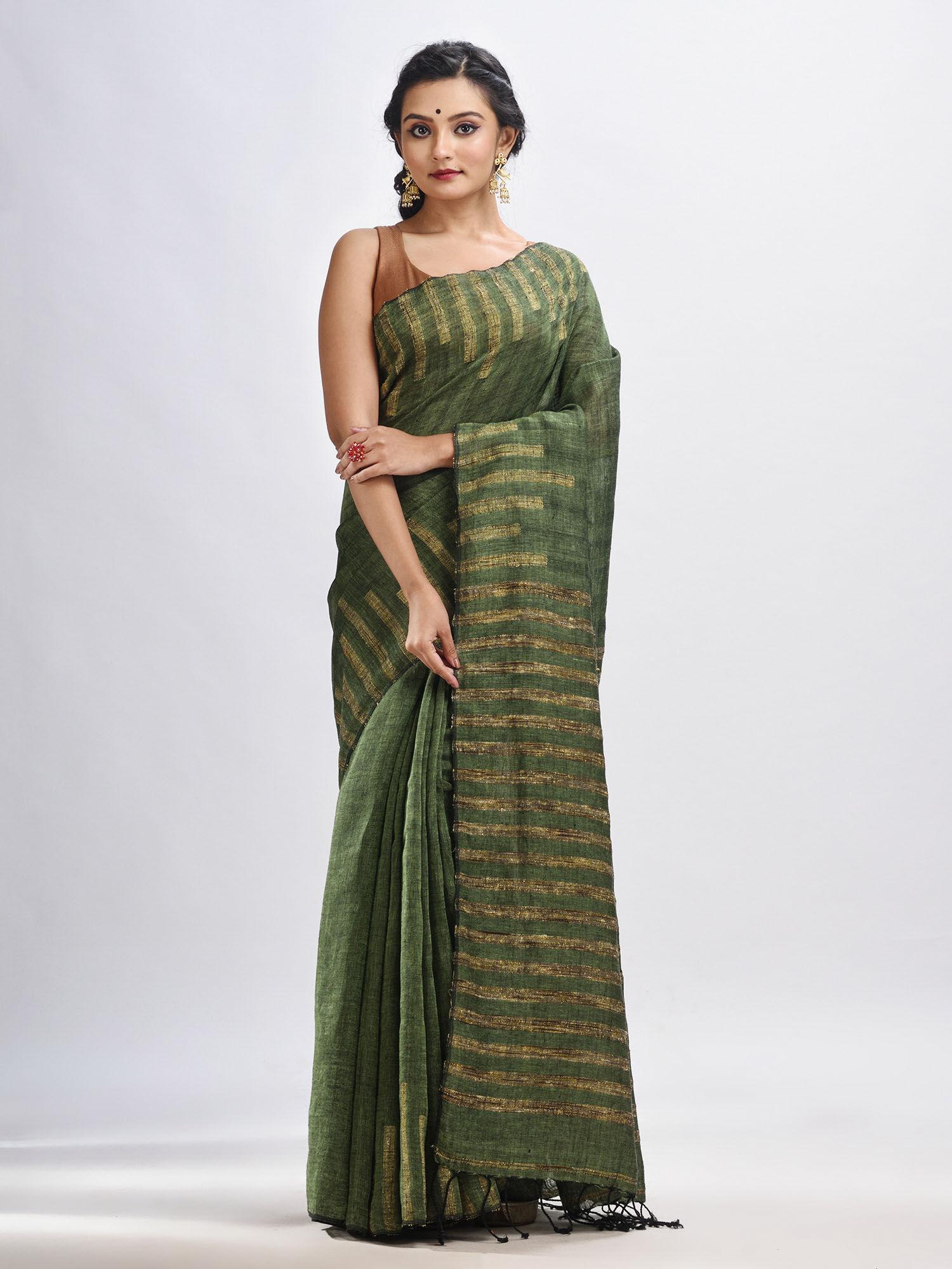 gorillaz green linen harmonium stripes design handloom saree with unstitched blouse