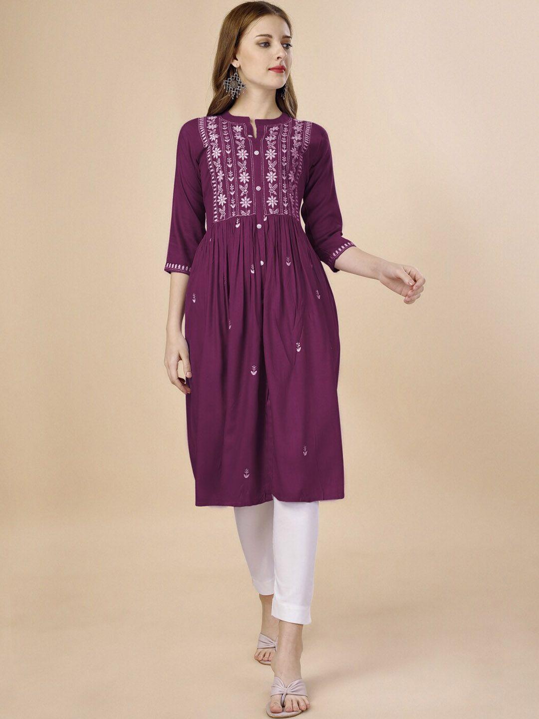 goroly women purple embroidered keyhole neck flared sleeves thread work summer sheers kurta
