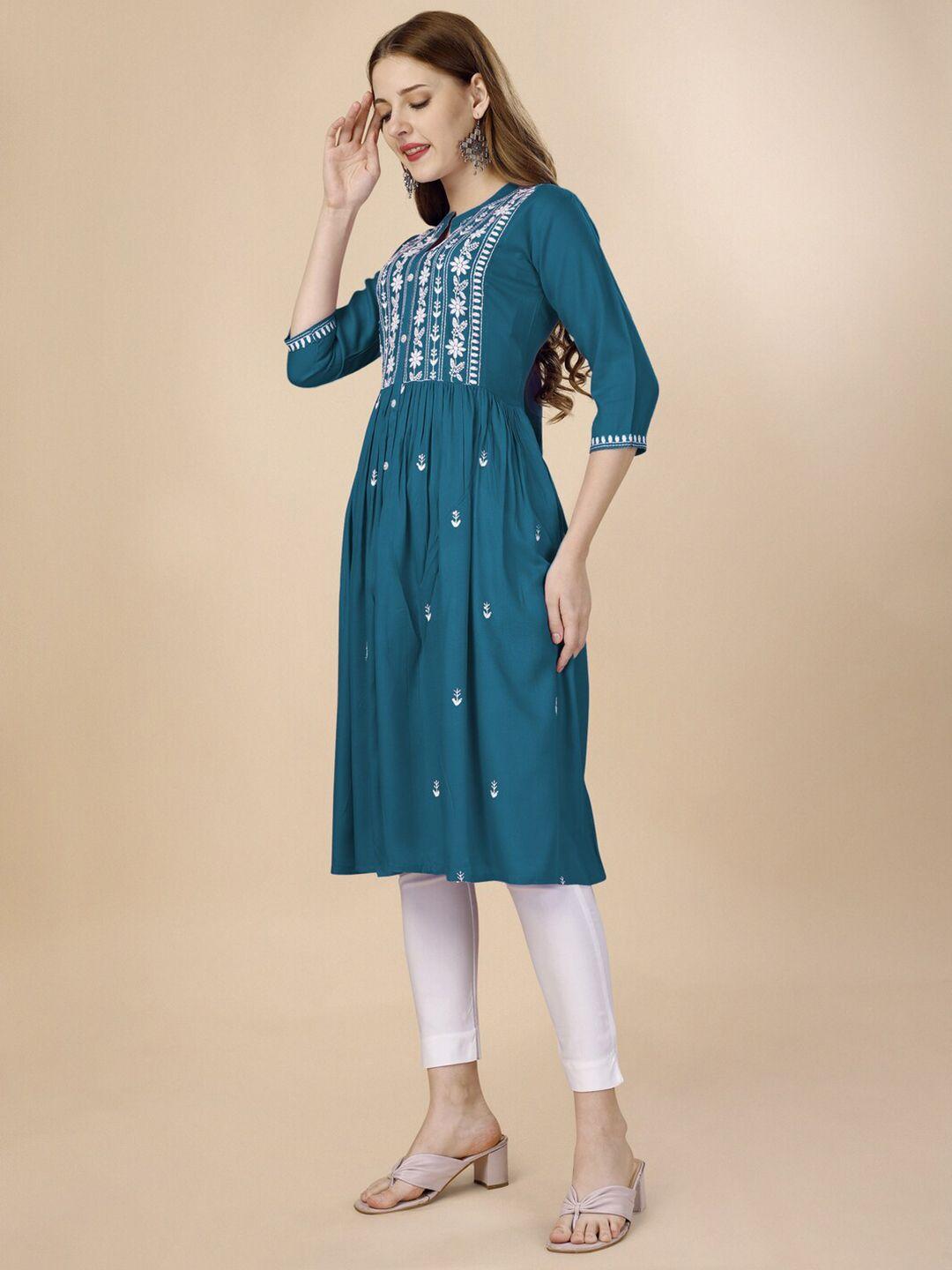 goroly women turquoise blue geometric embroidered keyhole neck flared sleeves thread work summer sheers kurta