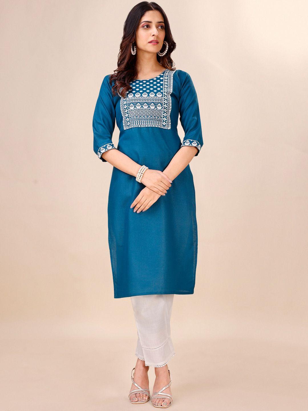 goroly ethnic motifs yoke design thread work round neck cotton straight kurta