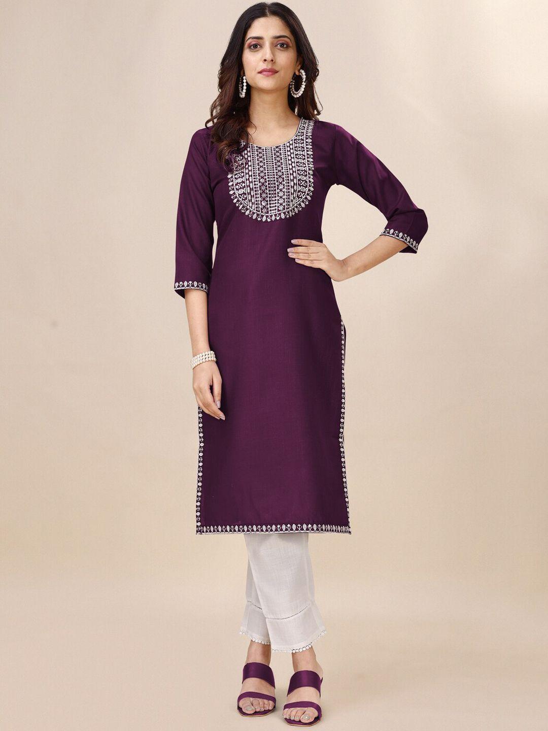 goroly ethnic motifs yoke design thread work round neck straight cotton kurta