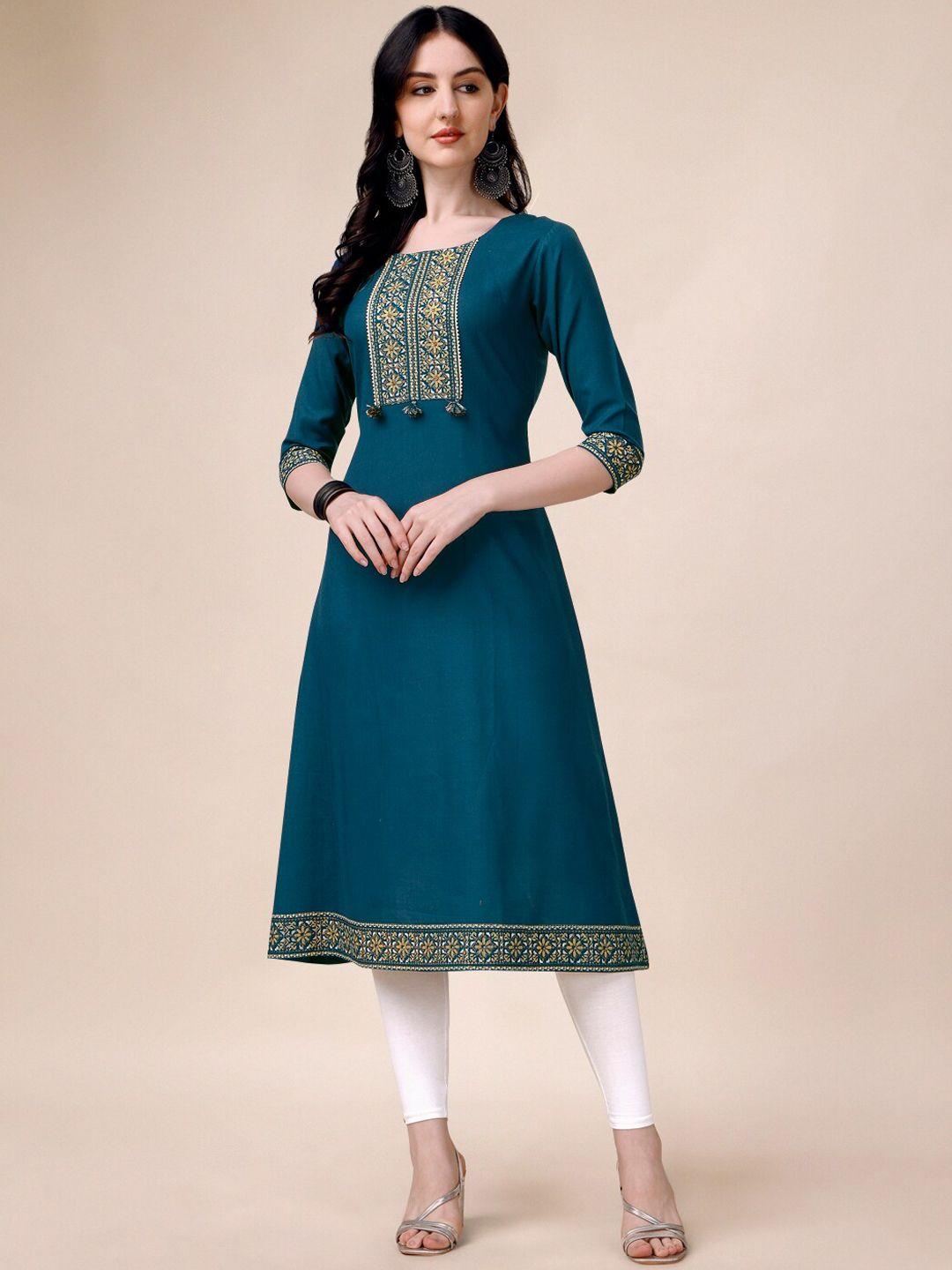 goroly floral yoke design thread work round neck a-line cotton kurta