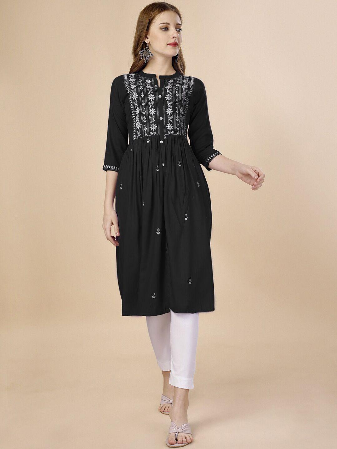 goroly women black geometric embroidered keyhole neck flared sleeves thread work summer sheers kurta