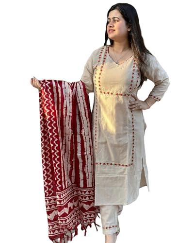 gosriki women's cotton blend straight embroidered kurta with pant & dupatta (dd beige-nw-gs_l_beige_large)
