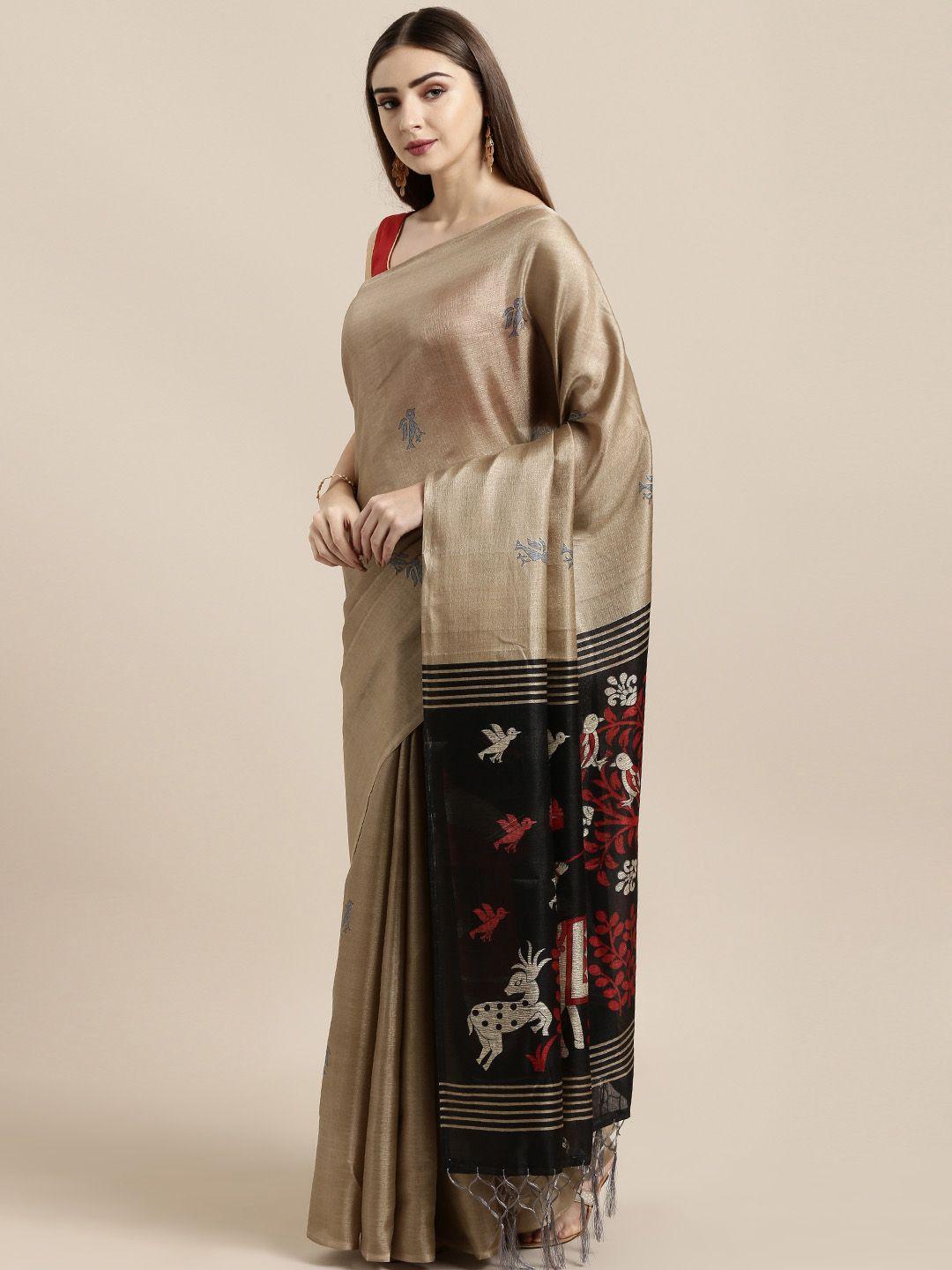gosriki beige & black art silk woven design khadi saree