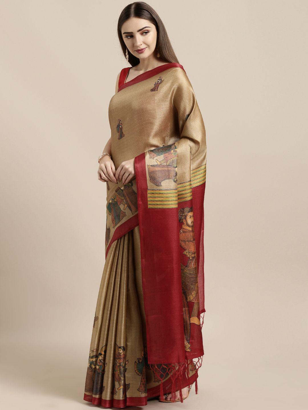 gosriki beige & maroon art silk woven design khadi saree