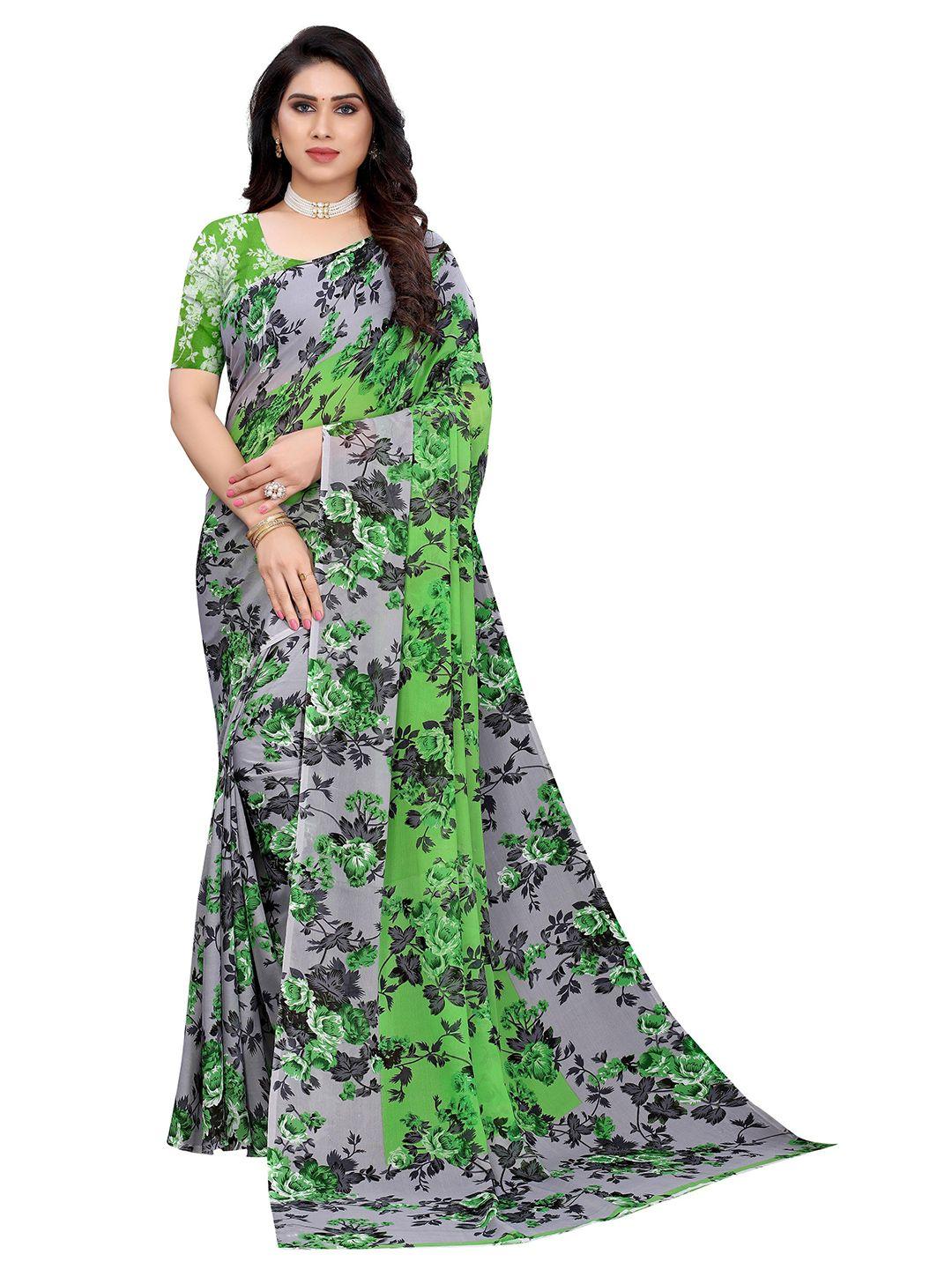 gosriki green & grey floral printed saree