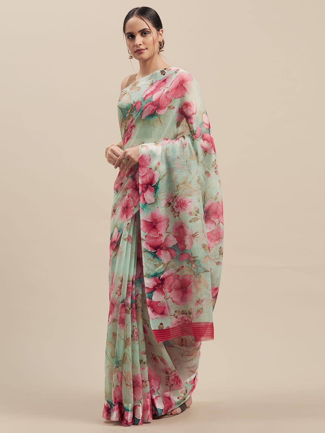 gosriki green & pink linen blend printed chanderi saree