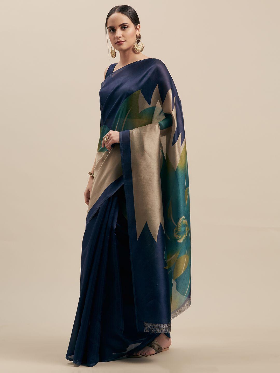 gosriki navy blue art silk printed mysore silk saree