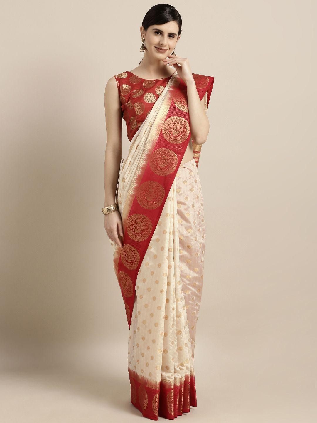 gosriki off-white & maroon silk blend woven design kanjeevaram saree