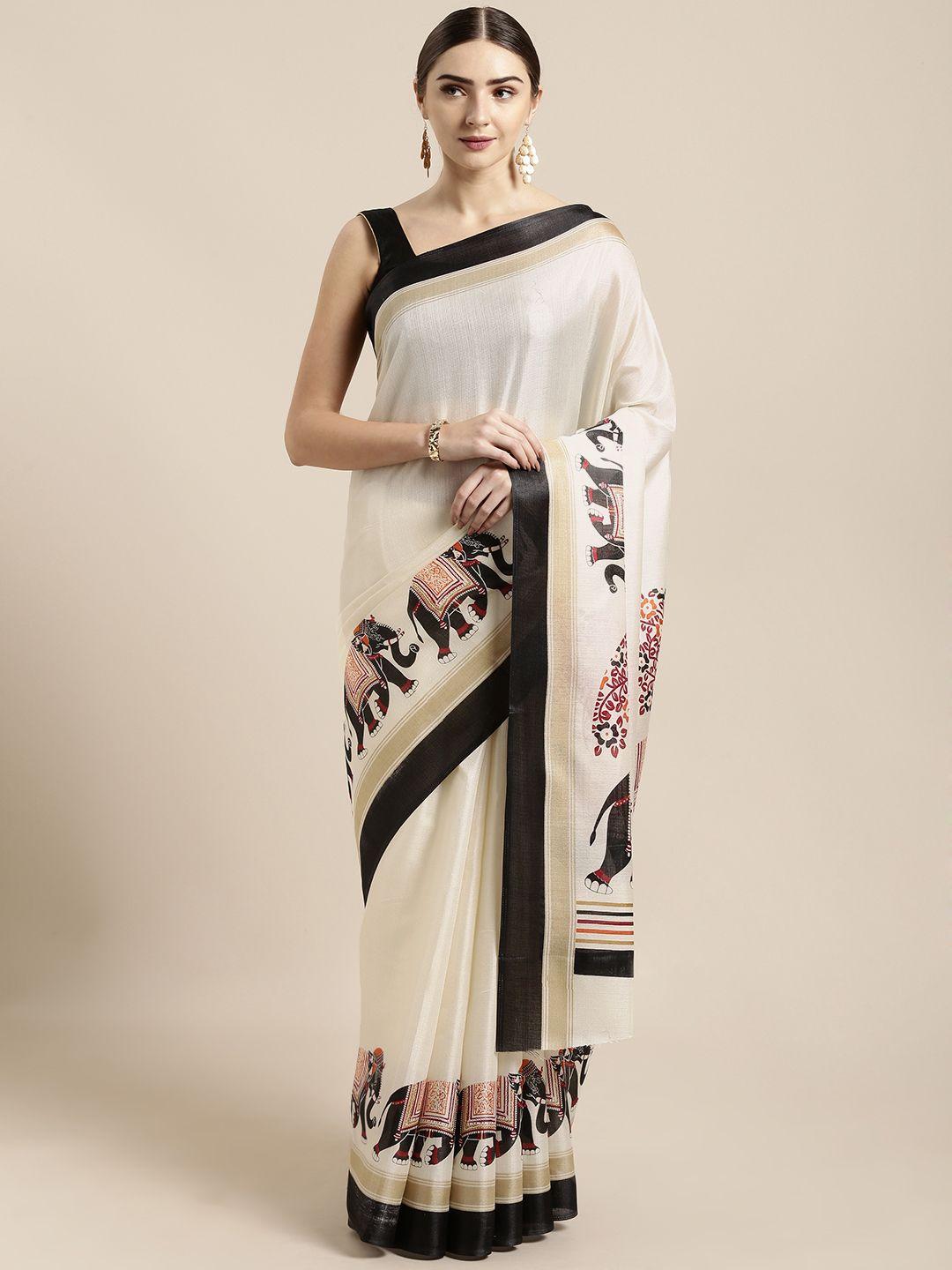 gosriki off-white silk blend solid khadi saree