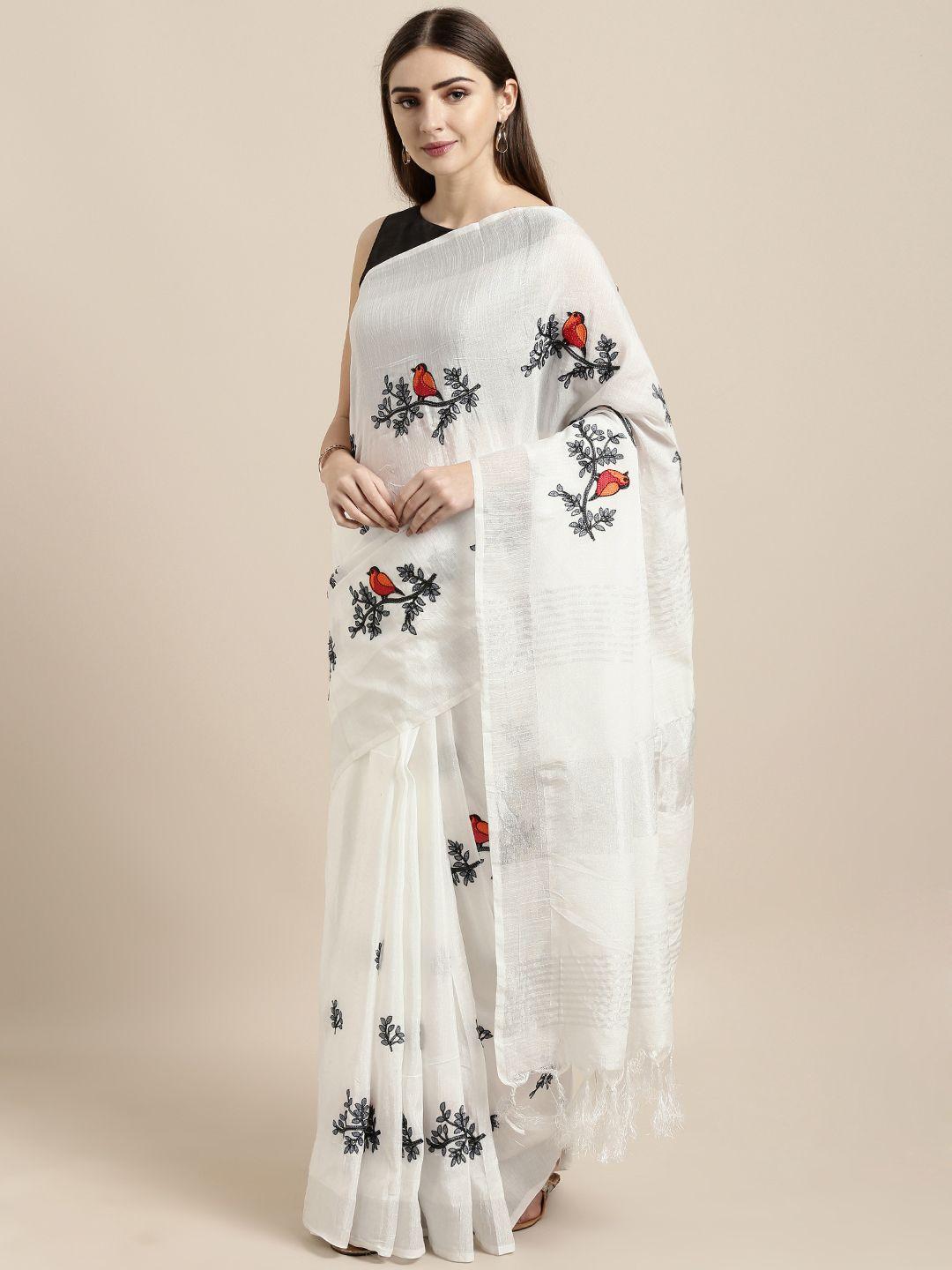 gosriki white embroidered linen blend saree