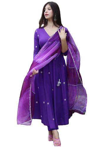 gosriki women's cotton blend anarkali embroidered kurta with pant & dupatta (gsk-purple-gs_m_purple_medium)