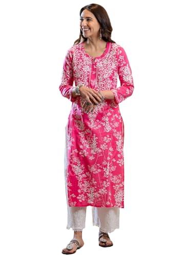 gosriki women's cotton blend chikankari embroidered straight kurta (zainab pink-gs_m_pink_medium)