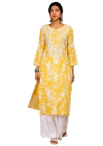 gosriki women's cotton blend chikankari embroidered straight kurta (zainab yellow-gs_xl_yellow_x-large)