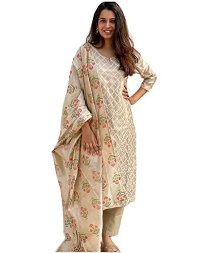 gosriki women's cotton blend embroidered straight kurta with pant & dupatta (mysuru-cream_m-gs_cream_medium)