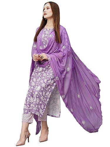 gosriki women's cotton blend floral straight kurta with pant & dupatta (mei purple-nw-gs large)