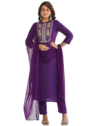 gosriki women's cotton blend floral straight kurta with pant & dupatta (raji-begani-nkj-gs_purple_medium)