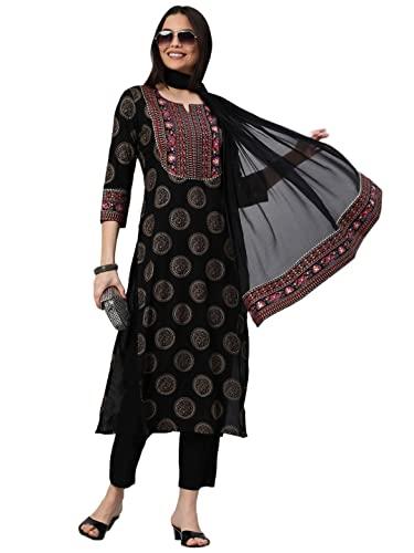 gosriki women's cotton blend printed straight kurta with pant & dupatta (nov-black-gs_s_black_small)