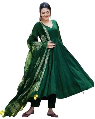 gosriki women's cotton blend solid anarkali kurta with pant & dupatta (magic-green-gs_m_green_medium)