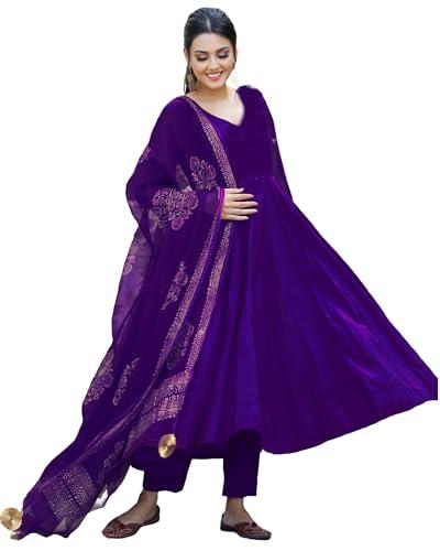 gosriki women's cotton blend solid anarkali kurta with pant & dupatta (magic-violet-gs_l_violet_large)