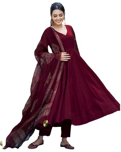 gosriki women's cotton blend solid anarkali kurta with pant & dupatta (magic-wine-gs_l_wine_large)