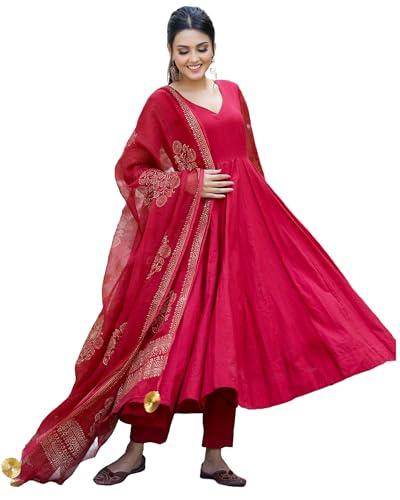 gosriki women's cotton blend solid regular kurta with pant & dupatta (magic-red-gs medium)