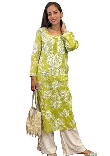 gosriki women's cotton blend straight chikankari embroidered kurta (zainab-green-gs_3xl_green_xxx-large)