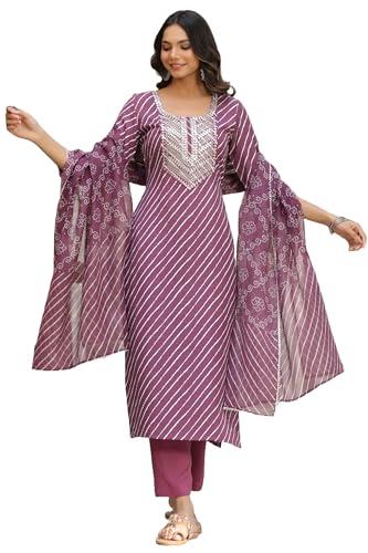 gosriki women's cotton blend straight embroidered kurta with pant & dupatta (doremi-wine-gs_xl_wine_x-large)