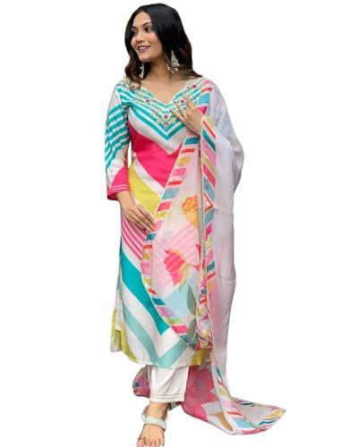 gosriki women's cotton blend straight printed kurta with pant & dupatta (dhimi pink-gs_xxl_pink_xx-large)