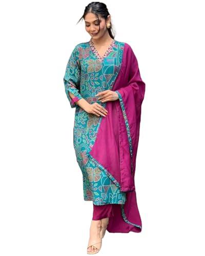 gosriki women's cotton blend straight printed kurta with pant & dupatta (down-rama-green-gs_xl_green_x-large)