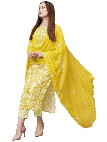 gosriki women's cotton blend straight printed kurta with pant & dupatta (mei yellow-gs_m_yellow_medium)